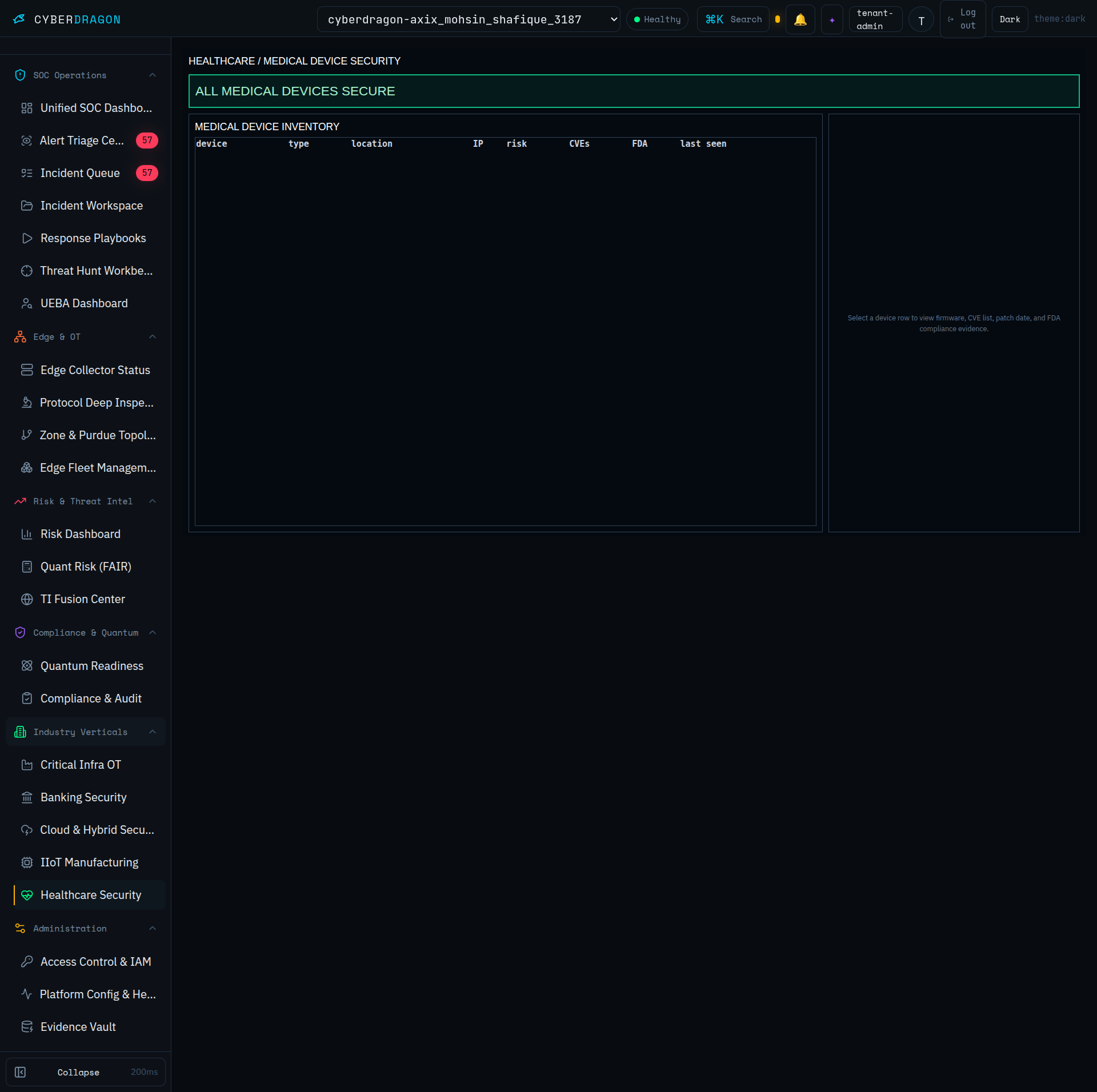 CyberDragon Healthcare security dashboard